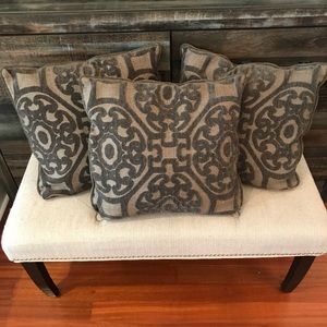 Three Velvet Square Brown Embroidered Throw Pillows